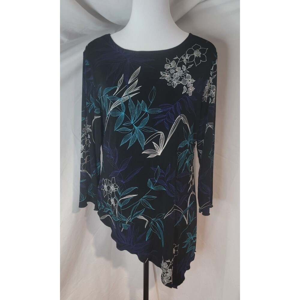 Chicos Womens Med Floral Black & Blue Stretch Top Asymmetrical Hem Career Blouse